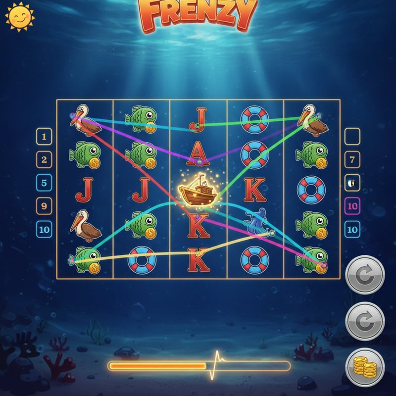 Fishin Frenzy gameplay showing 5x3 reel grid with coloured paylines and ocean background