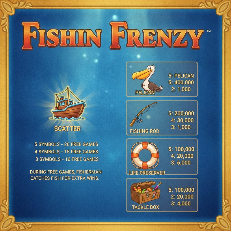 Fishin Frenzy paytable showing pelican, fishing rod, life preserver and tackle box symbol payouts
